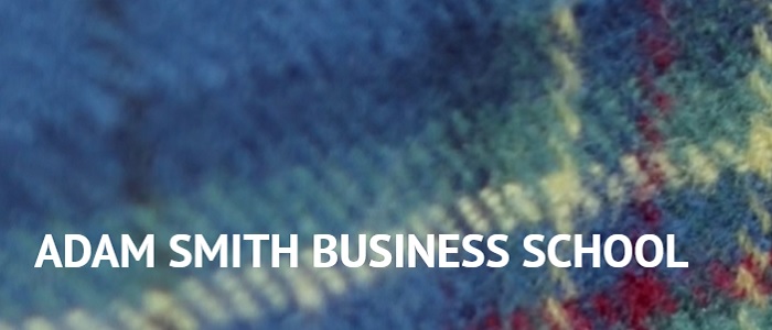 the text Adam Smith Business School on a background of tartan cloth with blue, green, white and red