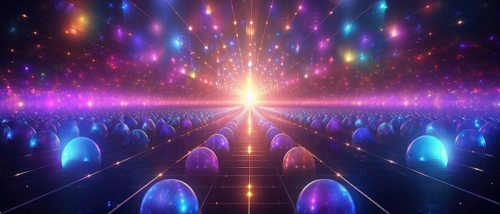 An image created by artificial intelligence of many blue and purple spheres in a dark grid that stretches to a point of light in the horizon with purple and blue lights above. Source: Shawn Suttle on Pixabay https://pixabay.com/illustrations/ai-generated-stars-cosmos-universe-8292218/ 