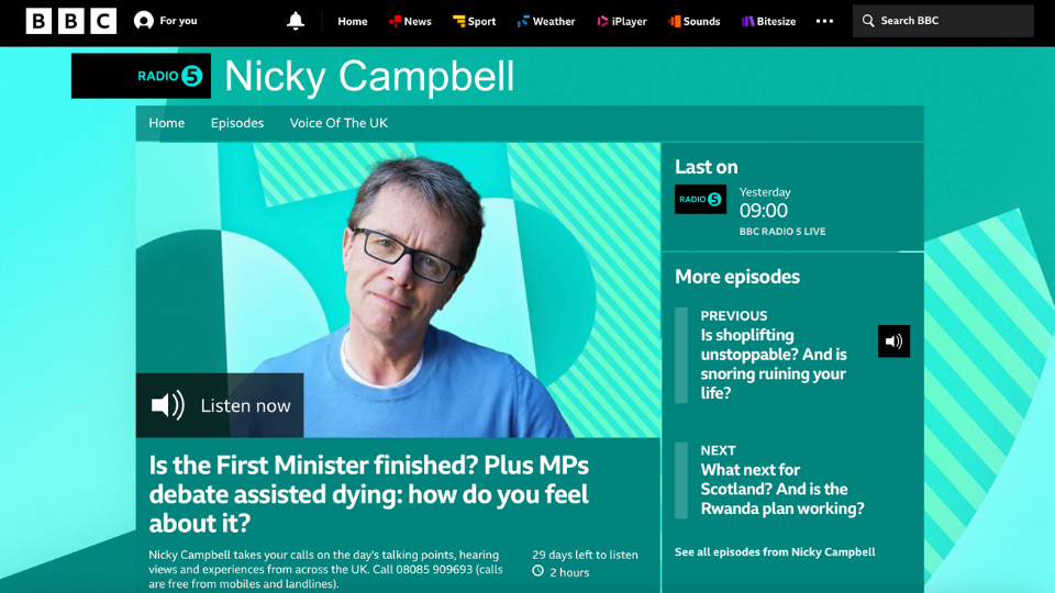 A screenshot of the BBC Radio 5 Live webpage