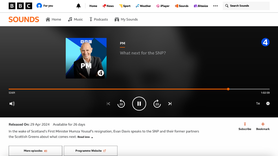 A screenshot of the BBC Radio 4 listen webpage