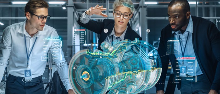 Group of 3 people interacting with a 3D model using augmented reality