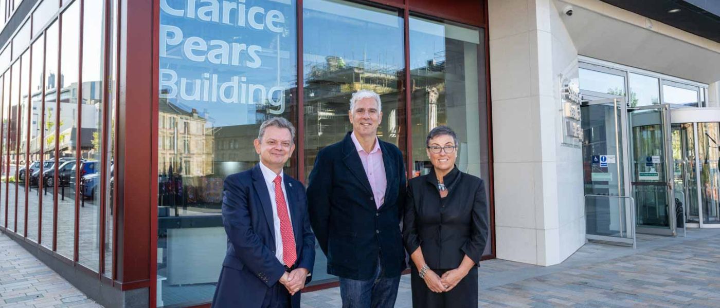 Anton Muscatelli, Mark Pears, and Jo Gill outside the Clarice Pears building