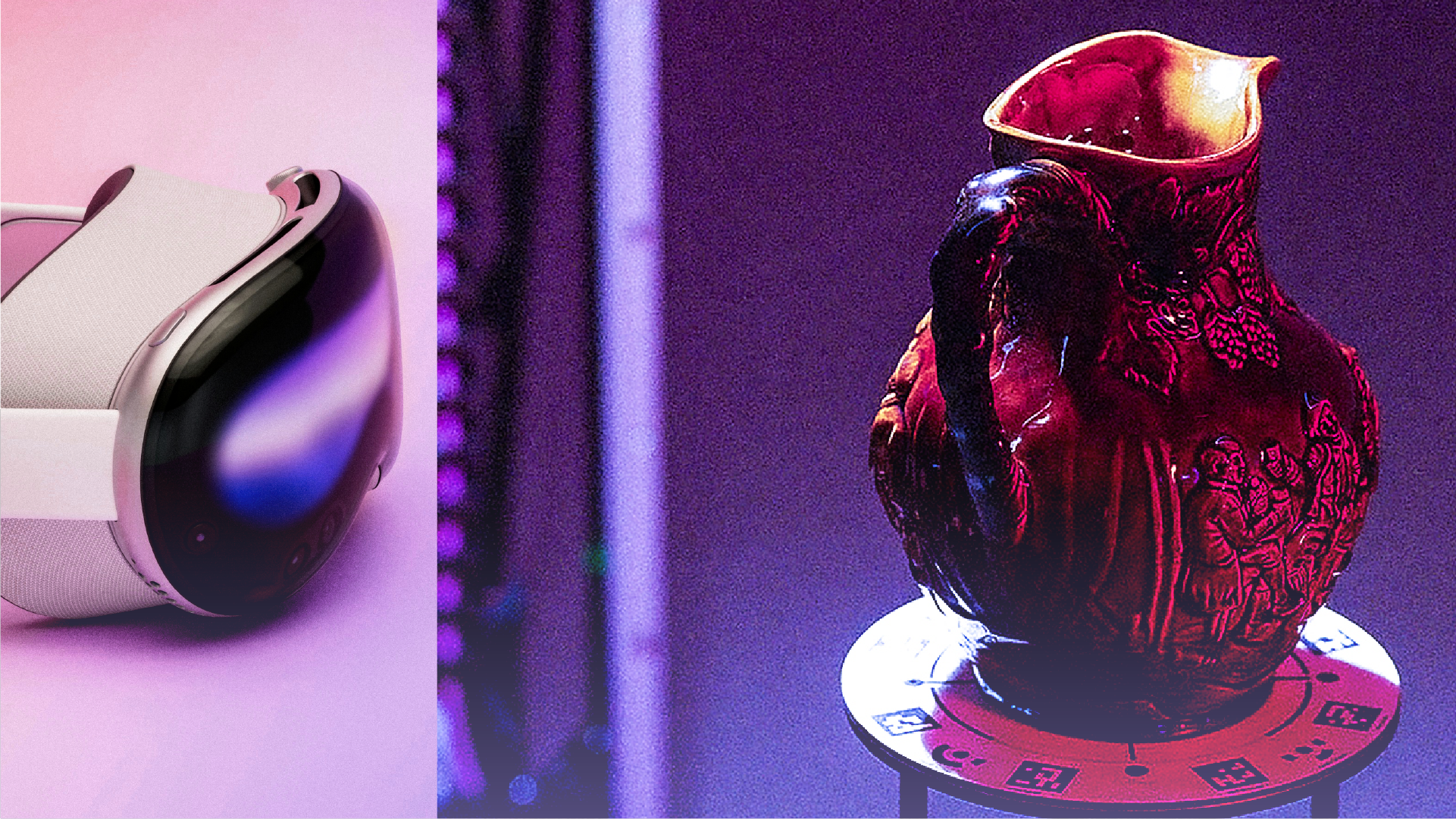 Split screen image with VR headset on left and vase on right