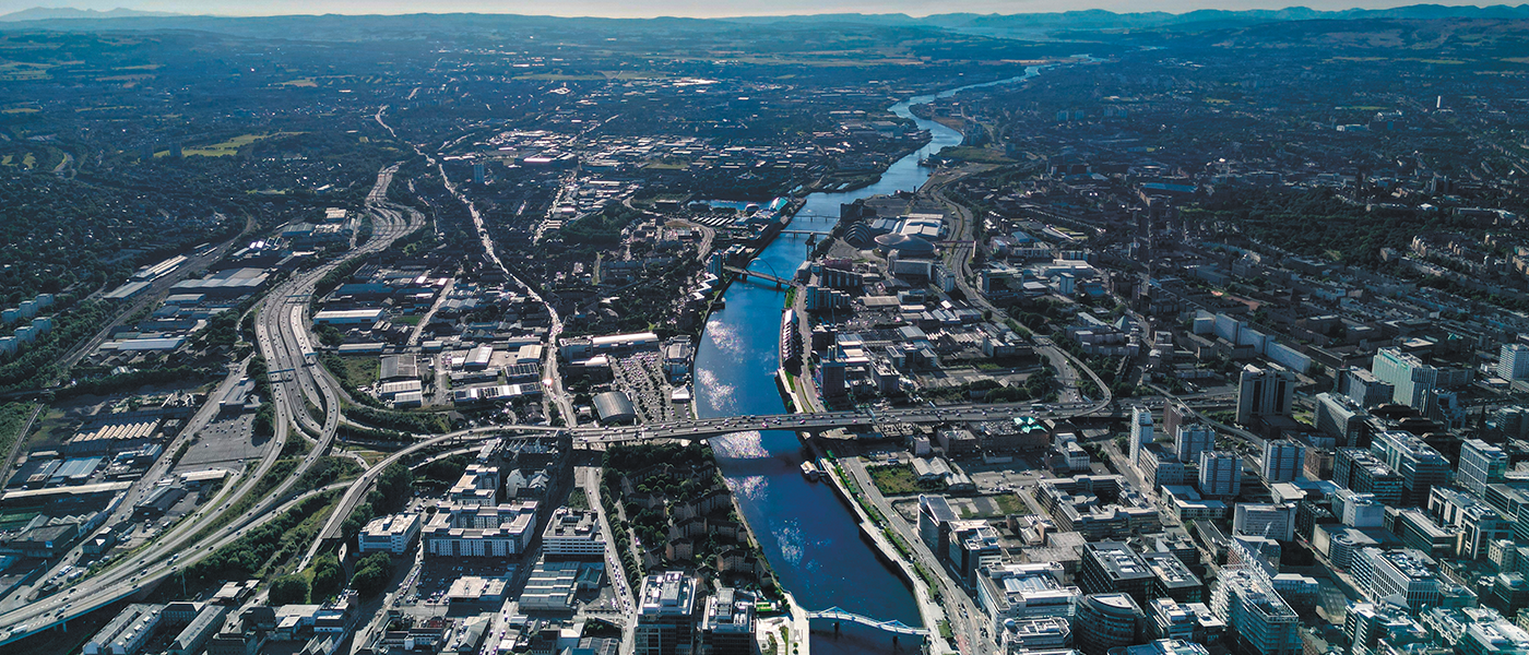 Aerial view of River Clyde and Glasgow
