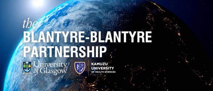 Earth from space overlaid with the University of Glasgow & the Kamuzu University of Health Sciences logos and the words 'the Blantyre-Blantyre partnership'