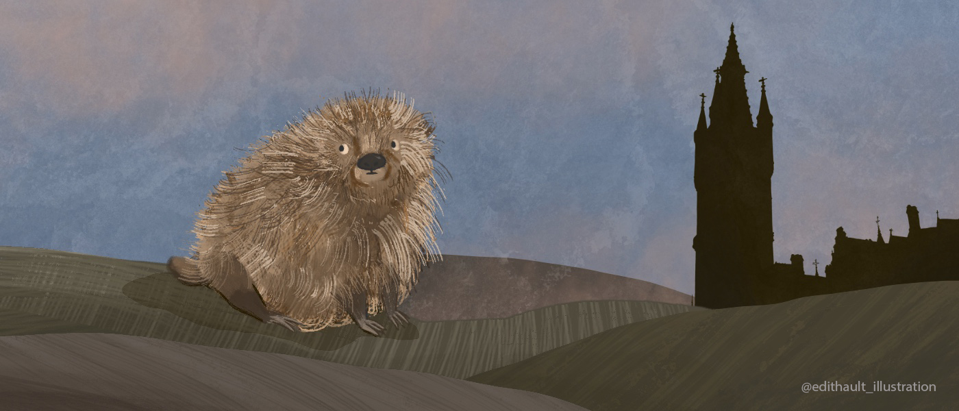 Drawing of a haggis next to the UofG tower