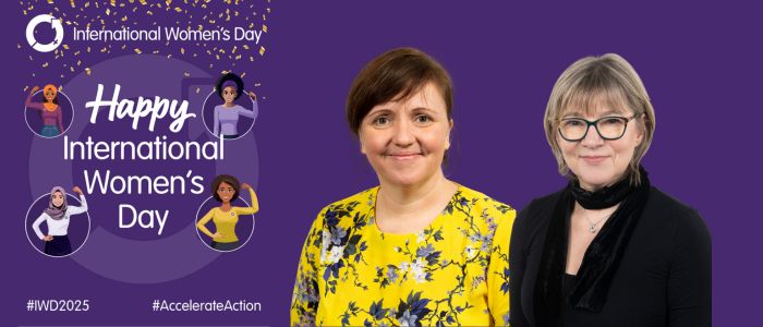 A digital banner celebrating International Women’s Day. The background is deep purple with gold confetti in the top left corner.