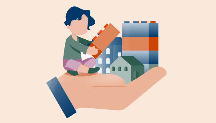 Graphic of a child in a han with lego bricks