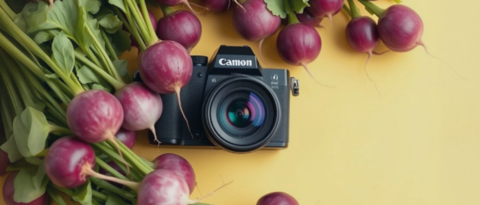 photography competition banner Canon camera with radishes on yellow background