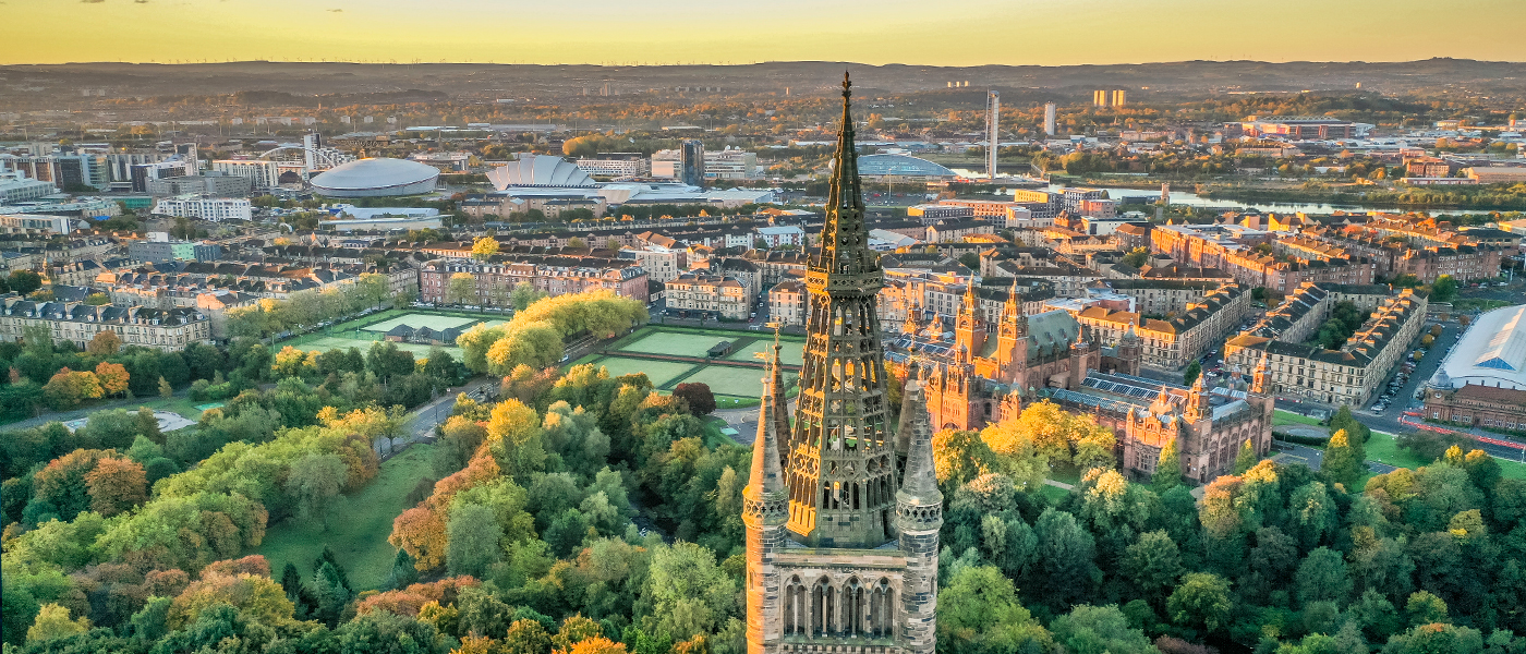 Image of the city of Glasgow with the University of Glasgow Tower in the forefront