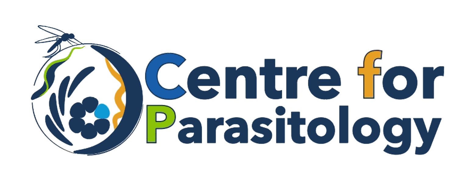 A white background behind the Centre for Parasitology logo, which is just the wording with cells and a mosquito around the 'C'