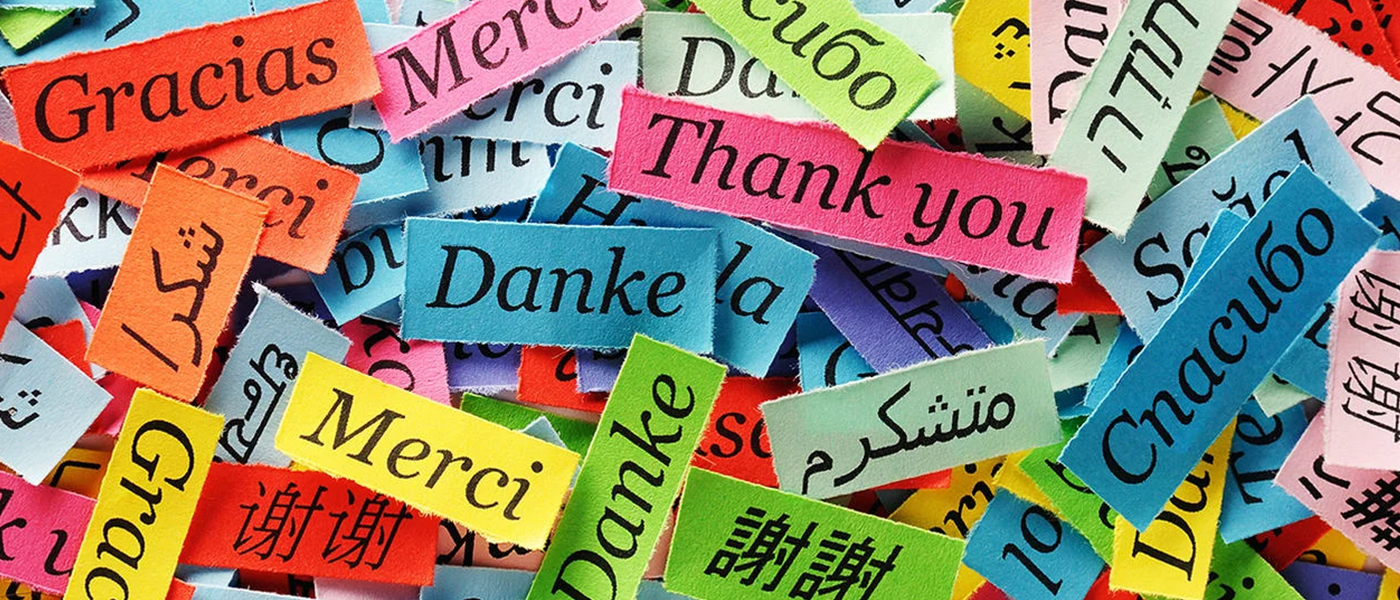 Slips of paper with thank you in different languages on them
