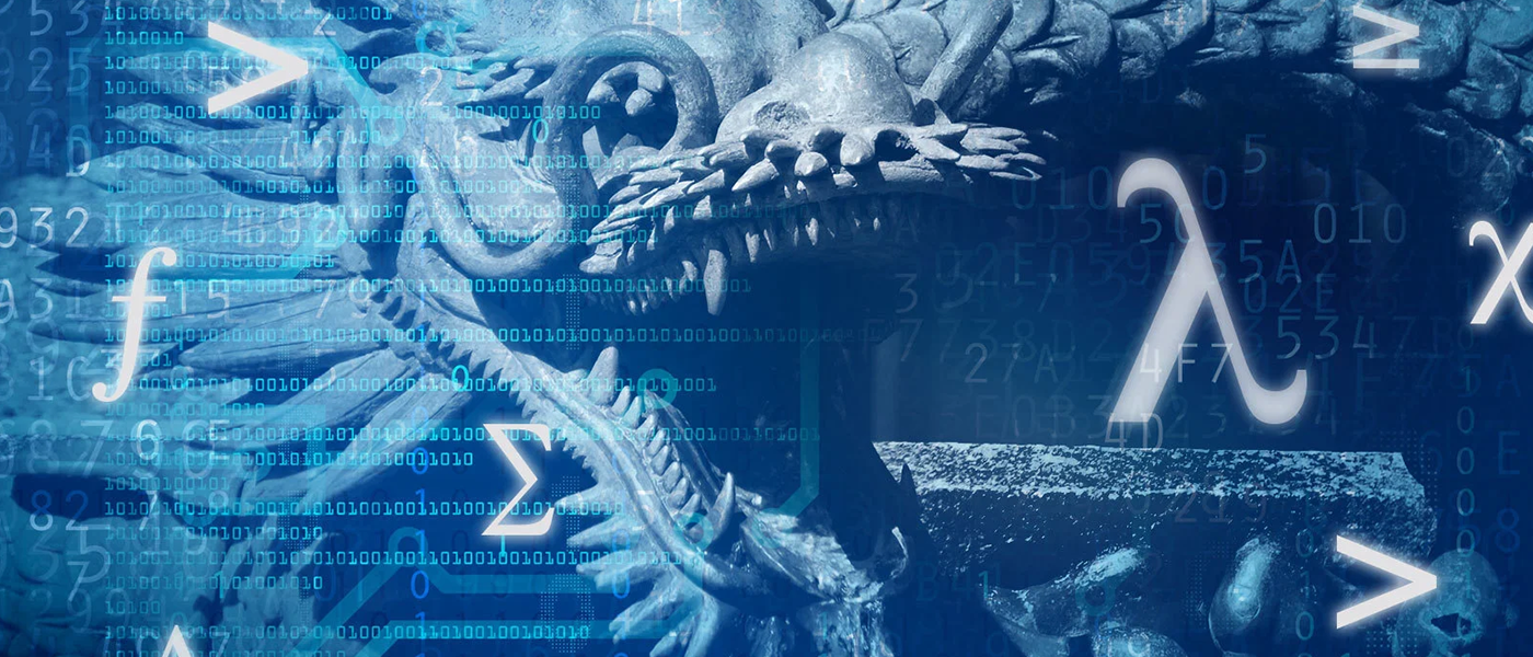 A blue graphic of a chinese dragon with a lambda sign