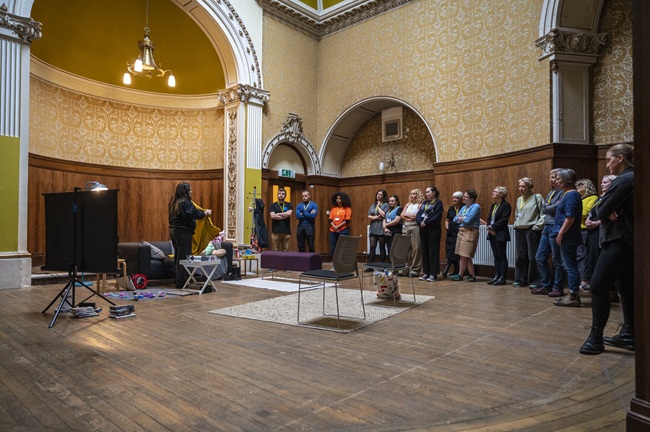 Participants engaging with Set Ready Screen scene. Credit Tim Anger Participants engaged in the final scene of the new immersive safety training programme – Set Ready Safety – at the launch of the pilot programme in Film City Glasgow. Credit Tim Anger