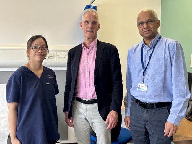 From left to right: Clinical Senior Lecturer Stefanie Lip, trial participant Eric Balish and trial lead Professor Sandosh Padmanabhan From left to right: Clinical Senior Lecturer Stefanie Lip, trial participant Eric Balish and trial lead Professor Sandosh Padmanabhan