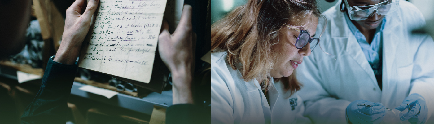 Split image with William Rankine written document on one side and Prof Caroline Gauchotte-Lindsay working in a lab with a colleague on the other side