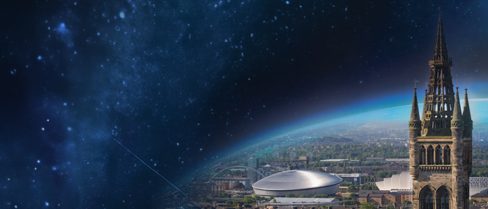 Earth viewed from space with the University of Glasgow tower and other city landmarks superimposed over it