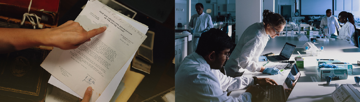 Split image with a document signed by Boyd Orr on one side and Prof Katie Hampson working in a lab on the other side