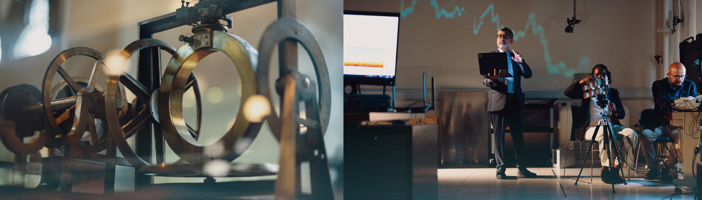 Split image with Lord Kelvin equipment on one side and Prof Muhammad Ali Imran and four colleagues working on laptops and a camera in a lap/white room