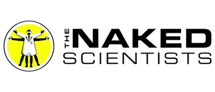 Logo for “The Naked Scientists” featuring black text on a white background. To the left, a yellow circle contains a stylized figure wearing a lab coat and glasses, with multiple arms extended, resembling Leonardo da Vinci’s Vitruvian Man.