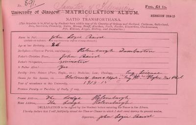 John-Logie-Baird-Matriculation-Slips