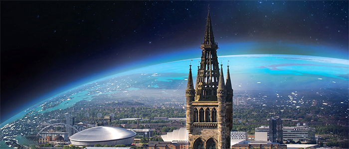 University tower in front of an absracted cityscape