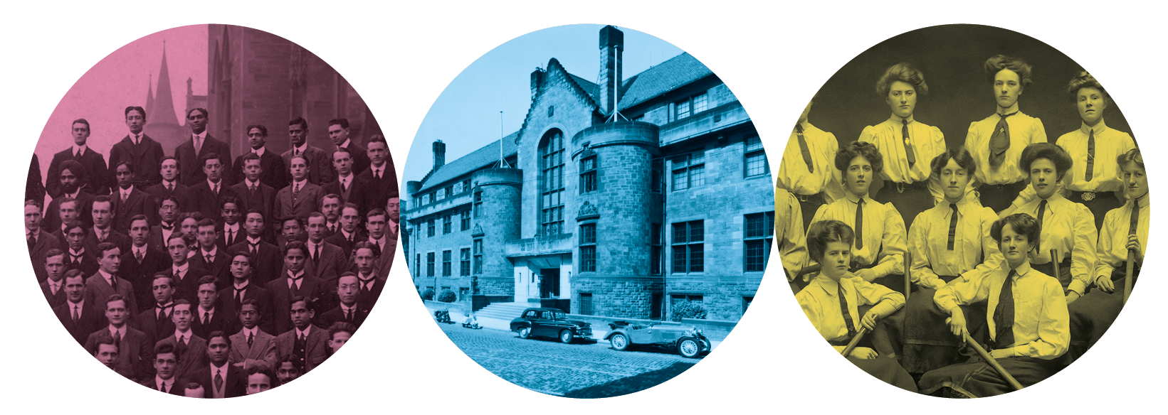 3 circular images with students and buildings