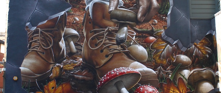 A fragment of a mural depcting a booted foot and a hand picking up a mushroom
