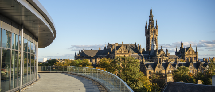 The Gilbert Scott Building seen from the James McCune Smith Learning Hub at University of Glasgow