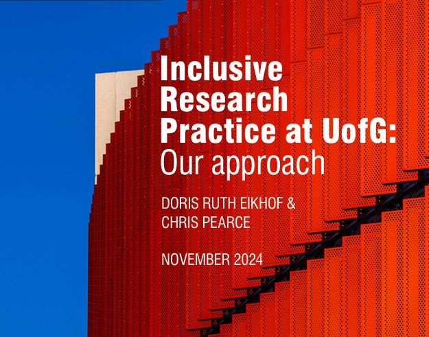 The title page of IRP at UofG, White text over the Red JMS building with blue sky behind