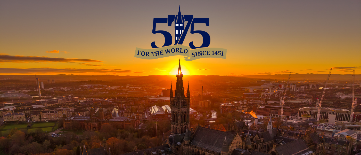 University of Glasgow at sunset with 575 logo
