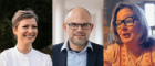 Three headshots (from L to R) a smiling grey-ish woman, a bald man in glasses, a woman in glasses talking