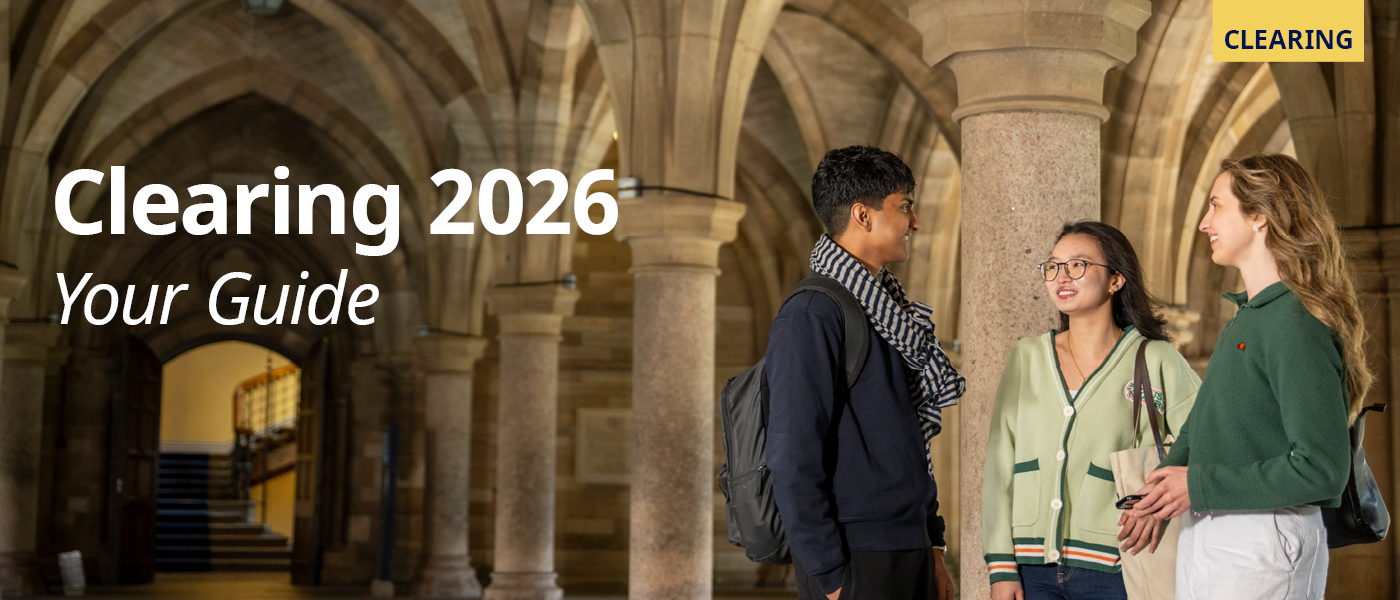 Students standing in the cloisters. Text reads 'Clearing 2026 your guide'