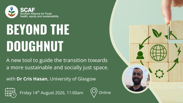 Flyer for the SCAF Webinar: Beyond the Doughnut - to guide the transition towards a more sustainable and socially just space. 14th August 2026, online