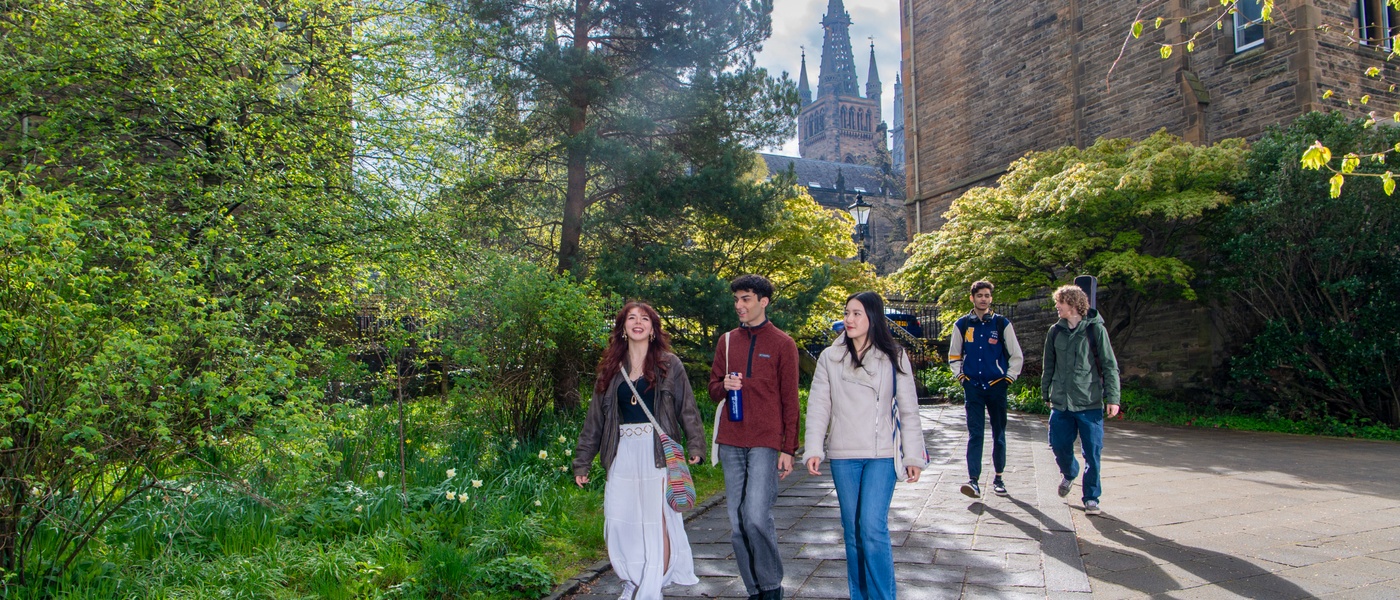 Group of students walking down from Professor Square