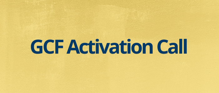 A web banner: navy blue text reading GCF Activation Call on a yellow textured background reminding a mural