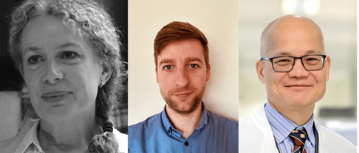 Three headshots (from L to R) a black and white photo of a woman with curly hair, a photo of a young man with auburn hair and a goatee and a photo of a smiling bald Asian man, a bald man in glasses, third headshot missing