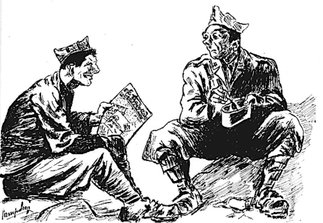 A vintage black-and-white cartoon drawing of two soldiers resting or sitting on the ground outdoors, with one soldier reading a newspaper or magazine and the other holding a small container or eating utensil.