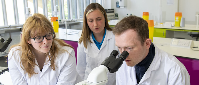 Life sciences students working with a microscope in a lab