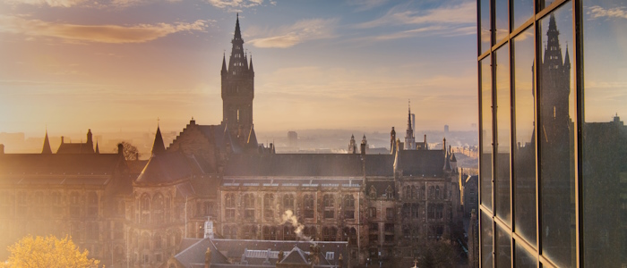 A view of the main building from the library during sunrise