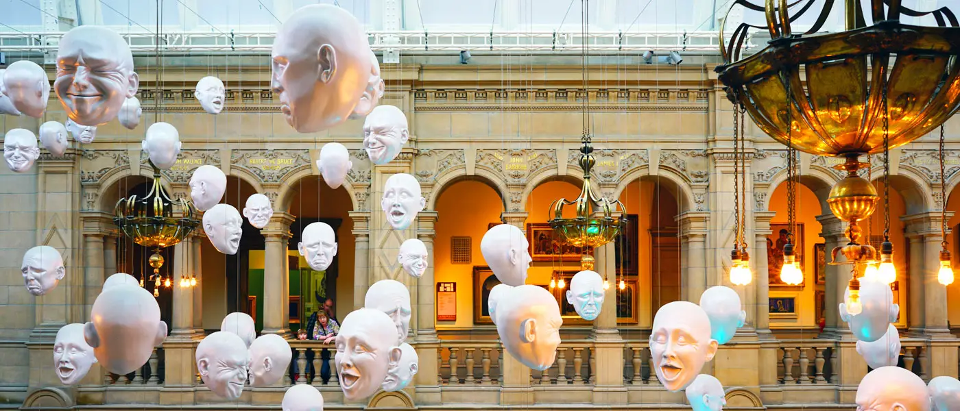Image of floating masks installation from Kelvingrove