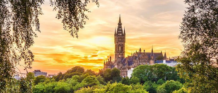 Sunset photograph of Gilmorehill taken from Kelvingrove Park