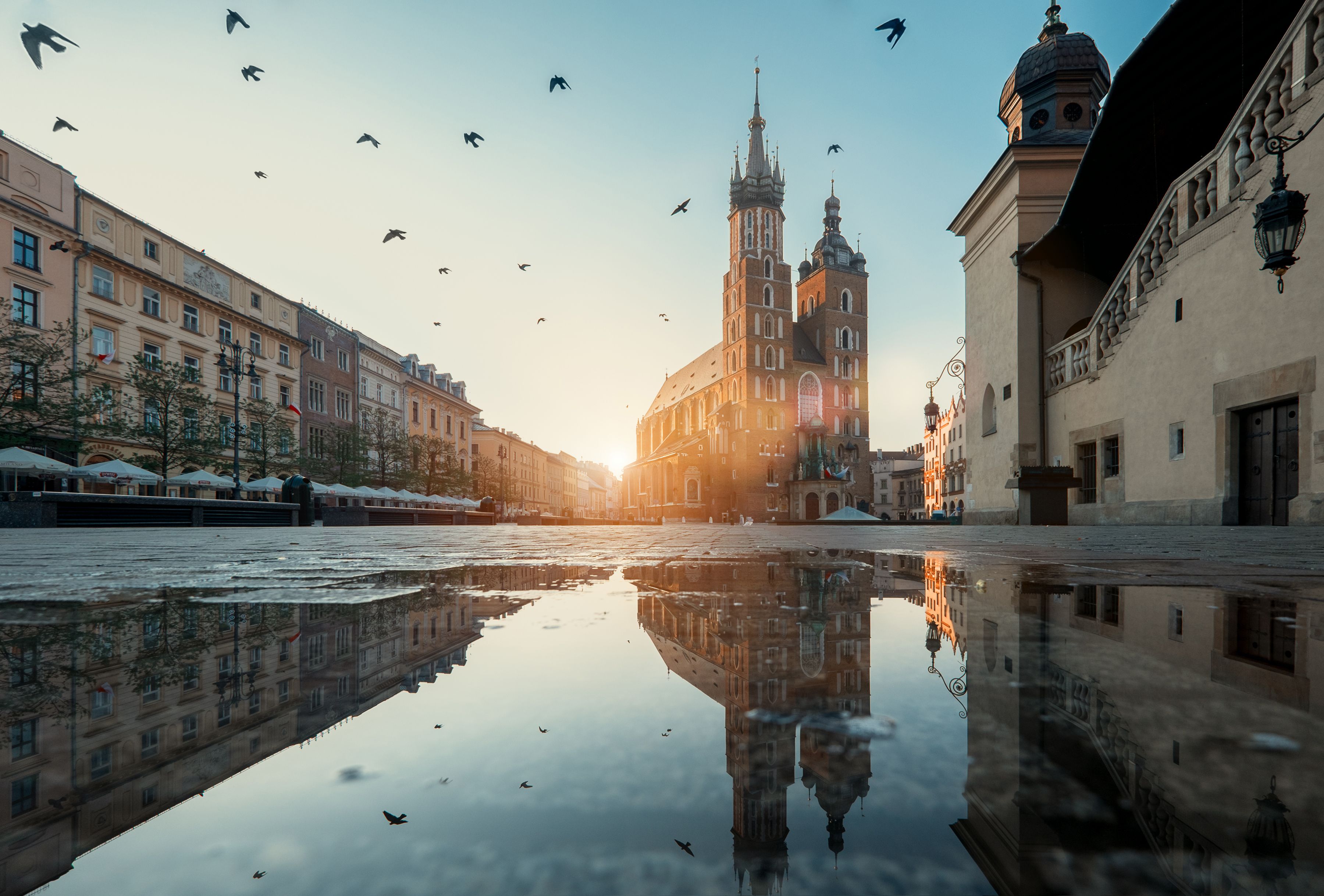 Market square and St. Mary's Basilica in Krakow, Poland
