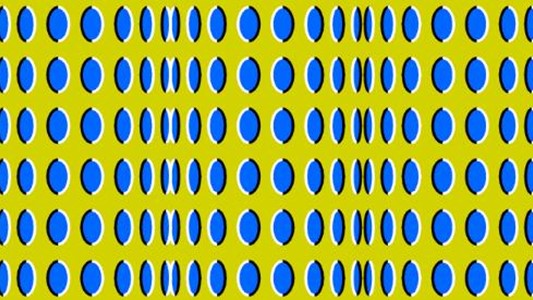 abstract painting of blue circles seen at different angles in three separate bright yellow sections, arranged in such a manner that the three sections seems to be 3-dimensional cylinders moving towards each other