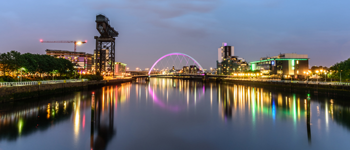 The Clyde at night with the crane and Squinty Bridge lit up in the background