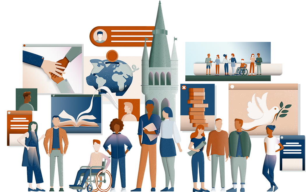 decorative only: collection of illustrations showing breadth of activity on hub