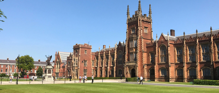 Front of Queen's Belfast University on a sunny day