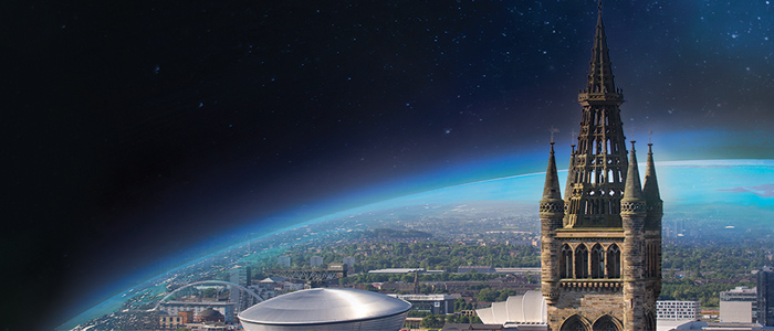 Graphical image of the University Tower in front of the globe, with the city of Glasgow landmarks int he background