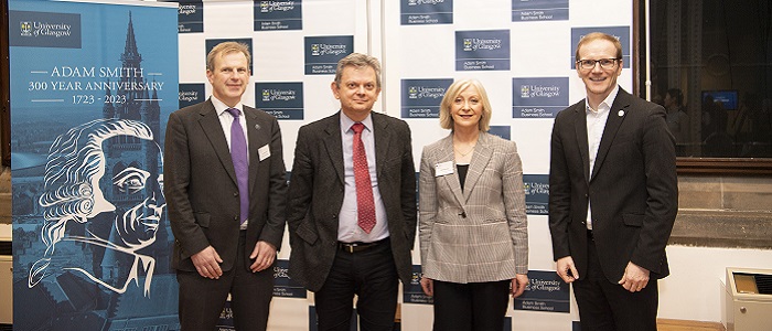 Head of Adam Smith Business school John Finch standing with Principal of the University of Glasgow Anton Muscatelli, Dean of Social and Political sciences Sara Carter and Dean of External Engagement Graeme Roy Source: Adam Smith Business school