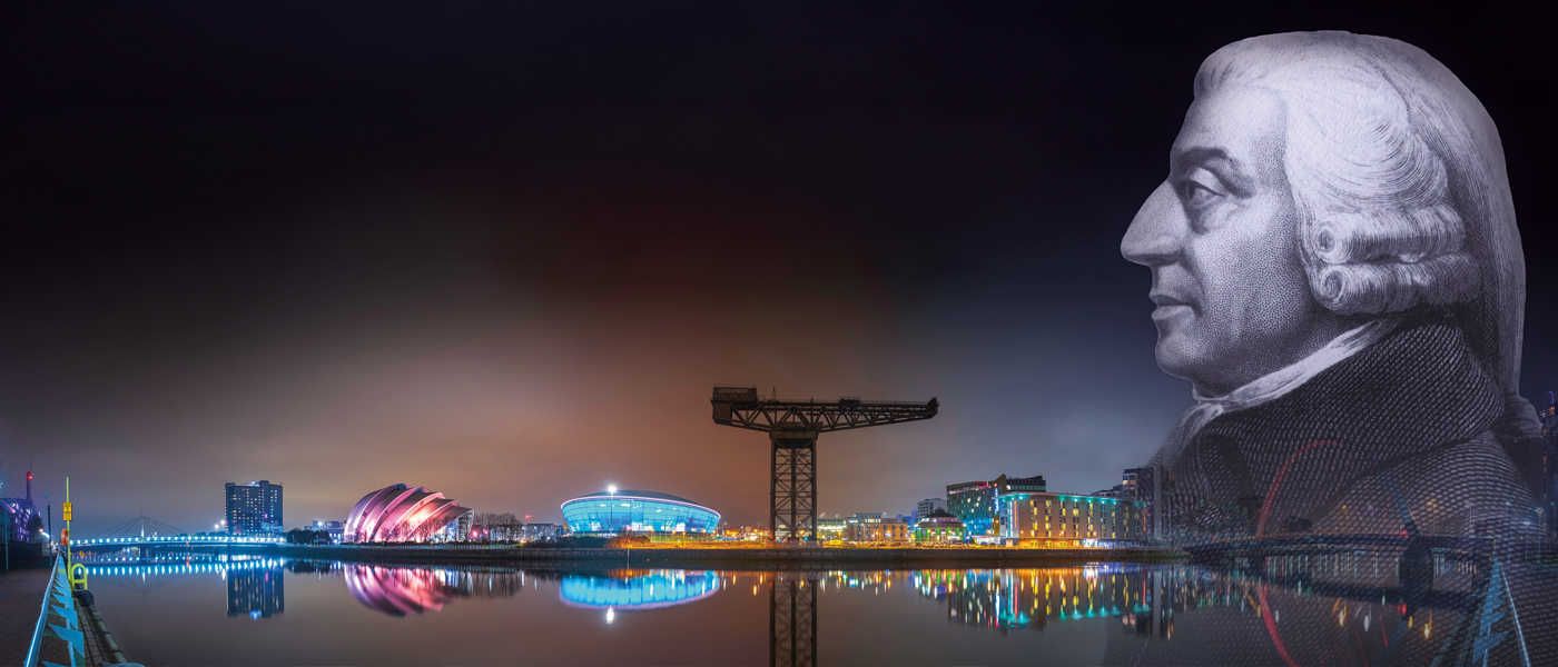 A composite image of Adam Smith and Glasgow, as seen from the River Clyde